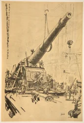Montar uma grande arma, ilustração de "The Western Front", pub. por Country Life Ltd