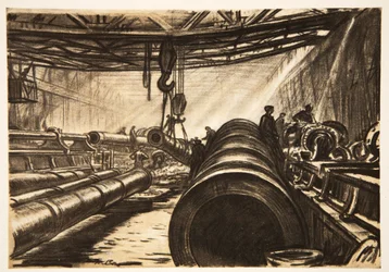 Deslocação de tubos de canhões pesados, ilustração de "The Western Front", pub. por Country Life Ltd