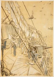 Num navio de guerra: cobertores de ar, ilustração de "The Western Front", pub. por Country Life Ltd