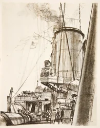 Num navio de guerra: o convés de ré, ilustração de "The Western Front", pub. por Country Life Ltd