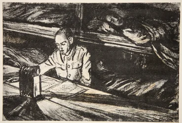 Num navio-hospital à noite: o Ordenança, ilustração de "The Western Front", pub. por Country Life Ltd