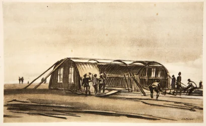 No Somme: Homens da RFC a construir a sua cabana de inverno, ilustração de 