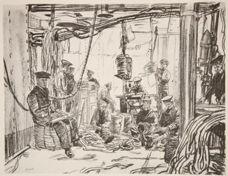 Marinheiros num navio de guerra a fabricar munições para o exército, ilustração de "The Western Front", pub. by Country Life Ltd