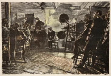 O cinema num navio de guerra, ilustração de "The Western Front", pub. por Country Life Ltd
