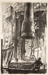 O fosso dos canhões: um casaco de canhão a entrar no tanque de óleo, ilustração de "The Western Front", pub. by Country Life Ltd