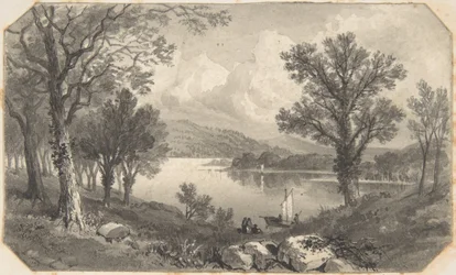 Vista de um lago ou rio com um veleiro