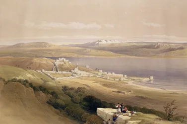 Cidade de Tiberíades, no Mar da Galileia, 22 de abril de 1839, prato 38 do Volume I da Terra Santa, gravado pelo bar de Louis Haghe (1806-85). 1842