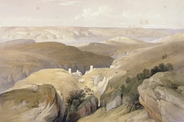 Convento de Santa Saba, em abril de 1839, do Volume II da "Terra Santa"; gravado por Louis Haghe (1806-85) publicado em Londres, 1842