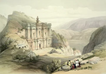 El Deir, Petra, 8 de março de 1839, prato 90 do Volume III da "Terra Santa", gravado por Louis Haghe (1806-85) pub. 1849