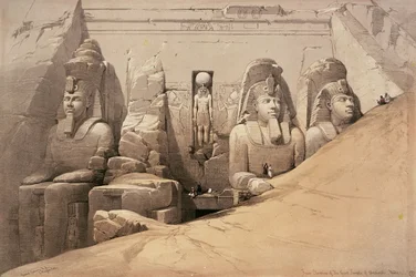 Elevação frontal do Grande Templo de Aboo Simbel, Núbia, do &39;Egito e Núbia&39;, litografia de Louis Haghe, 1849