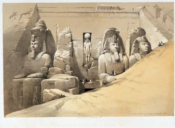 Elevação frontal do grande templo de Aboo Simbel (Aboosimbel, Abu ou Abu Simbel), Núbia (Nubia) em "The Holy Land", Londres 1849