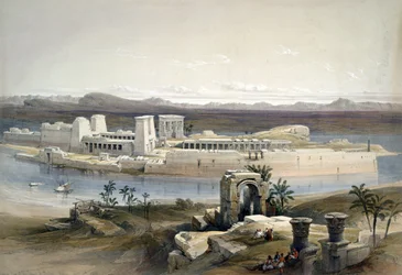 Vista geral da ilha de Philae, Núbia", novembro de 1838. Segundo aguarela de David Roberts (1796-1864) artista e orientalista escocês. Templo Antigo Egito Arqueologia Religião Mitologia Ruína