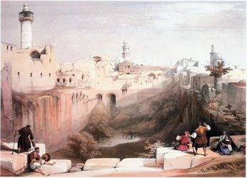 Na Terra Santa: Jerusalém, o tanque de Betesda, o Monte do Templo à esquerda (gravura)
