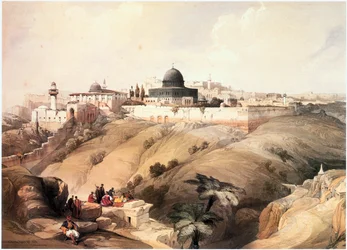 Na Terra Santa: Jerusalém, vista do Vale do Cedron para o Monte do Templo (gravura)
