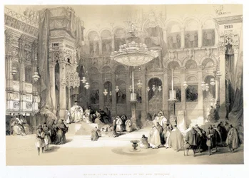 Interior da Igreja Creek do Santo Sepulcro, desenho feito em 11/04/1839 em "The Holy Land", Londres 1849