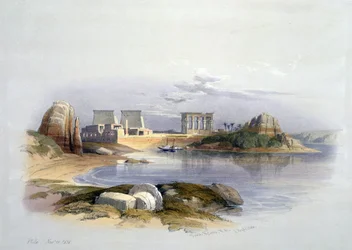 Ilha de Philae, Núbia", novembro de 1838. Segundo aguarela de David Roberts (1796-1864), artista e orientalista escocês. Templo Antigo Egito Arqueologia Religião Mitologia Ruína