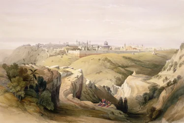Jerusalém do Monte das Oliveiras, 8 de abril de 1839, placa 6 do Volume I da "Terra Santa" gravada por Louis Haghe (1806-85) pub. 1842