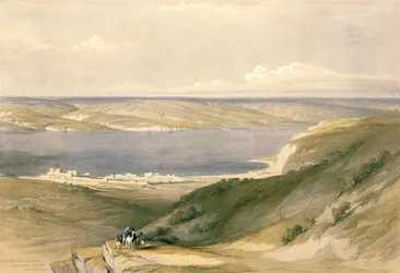 Mar da Galiléia ou Genezareth, olhando para Basã, em 21 de abril de 1839, prato 36 do Volume I da Terra Santa, gravado por Louis Haghe (1806-85) pub. 1842