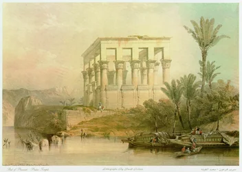 A colunata do templo de Ísis, ainda na sua ilha original, que foi submergida durante a construção da barragem do Nilo