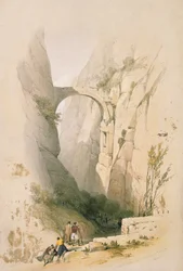 Arco triunfal que atravessa a ravina que conduz a Petra, prancha 95 do volume III de «The Holy Land», gravado por Louis Haghe (1806-85), publicado em 1849