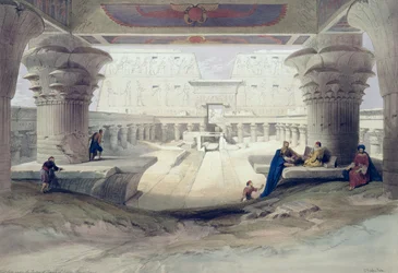 Vista sob o pórtico do templo de Edfu, Alto Egipto, prancha 32 do volume I de Egipto e Núbia, gravada por Louis Haghe (1806-85), publicada em 1846