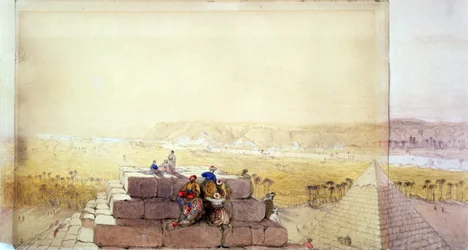 Vista de uma pirâmide", segundo aguarela de David Roberts (1796-1864), artista e orientalista escocês. Egito Antigo Arqueologia