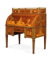 Gabinete de cilindro mecânico, Neuwied, c.1776-79 (amboyna montado em ormolu e embutido em latão, tulipwood, sicômoro manchado e marchetaria)