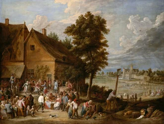 Uma festa na época das colheitas, com a casa de Drij Toren ao fundo