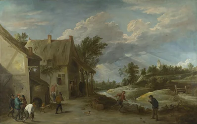 Camponeses jogando boliche do lado de fora de um Village Inn, c. 1660