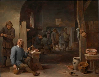 O interior de uma estalagem com camponeses a fumar junto a uma mesa e a conversar diante de uma fogueira
