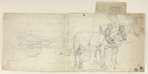 Equipa de dois cavalos com condutor, puxando carruagem (anverso); esboços de mulheres curvadas (verso)