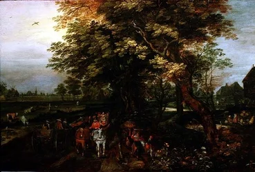 Paisagem arborizada com camponeses