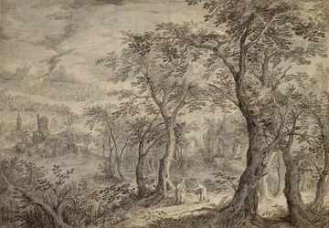 Paisagem arborizada com a tentação de Cristo (caneta e tinta cinza, pincel e wc sobre papel)