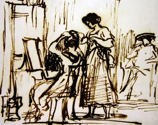 Um interior com uma mulher a vestir o cabelo (tinta sobre papel)