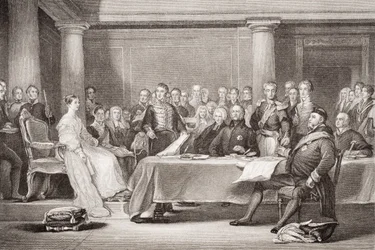 Primeiro Conselho da Rainha Vitória, Palácio de Kensington, 21 de junho de 1837, de "Ilustrações da História Escocesa e Inglesa", Volume II
