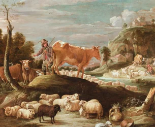 Um vaqueiro com gado e ovelhas perto de um riacho (óleo sobre tela)