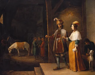 Uma senhora e um cavalheiro entrando em um estábulo