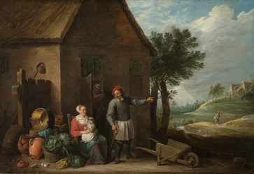 Um agricultor à porta de uma casa de campo com uma mulher e uma criança sentadas, c.1650-1655 (óleo sobre tela)