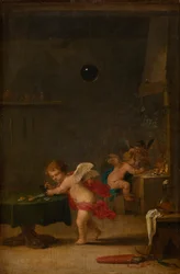 Amoretti na oficina de um alquimista, c.1635-37 (óleo sobre madeira de carvalho)
