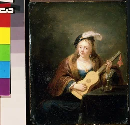 Mulher com uma guitarra. Pintura de David Teniers, o jovem (1610-1690). óleo sobre madeira