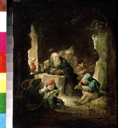 A Tentação de Santo António. Pintura de David Teniers, o jovem (1610-1690). Óleo sobre madeira, 24,6 x 20,3 cm, cerca de 1640. Arte flamenga, arte barroca. Museu Pushkin de Belas Artes, Moscou.