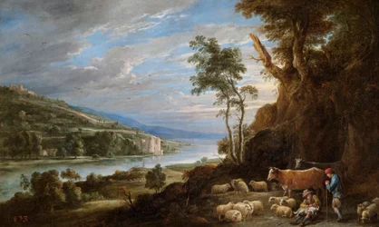 Paisagem com pastores e uma vista distante de um castelo (óleo sobre tela)