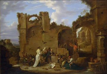 ""As Tentações de Santo Antônio"" O eremita Santo Antônio, o Grande (251-356) (ou Santo Antônio, o Eremita ou Santo Antônio, o Abade) sofreu as tentações do Diabo no deserto. Pintura de David Teniers, o Jovem (1610-1690) Museu Nacional de Arte Ocidental,