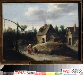 Paisagem do país. Pintura por David Teniers o mais novo (1610-1690). Óleo sobre madeira, 29,5 x 34,5 cm. Arte flamenga, estilo barroco. Museu Estatal de Arte, Tula (ou Tolan), Rússia.