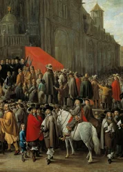 O jogo do papegai em Bruxelas em 1652 Jogo que consiste em disparar contra um alvo feito de um pássaro de madeira ou papelão colocado no topo de um mastro (pormenor)
