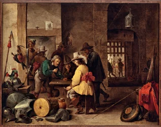 A casa da guarda, soldados jogando e apostando Pintura por David Teniers o jovem (1610-1690)