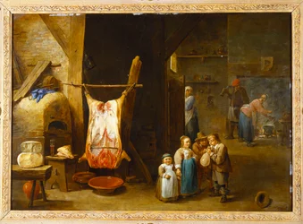 O interior da cabana de um camponês com carcaça de porco e um menino explodindo uma bexiga, 1646