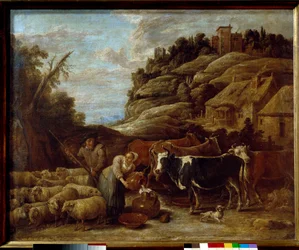A ordenha do rebanho. Pintura de David II Teniers The Young (1610-1690) Ec. Flam.