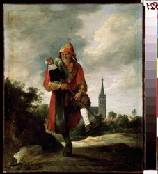 Um idiota. Pintura por David Teniers o mais novo (1610-1690). Óleo sobre tela, 35 x 29 cm, ca. 1640. Arte flamenga, arte barroca. Pushkin Museum of Fine Arts, Moscovo.