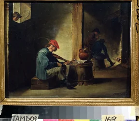 Um músico (um músico). Pintura de David Teniers, o jovem (1610-1690). Óleo sobre madeira, 26,3 x 37,8 cm. Arte flamenga, estilo barroco. Galeria de Arte Regional, Tambov (Rússia).